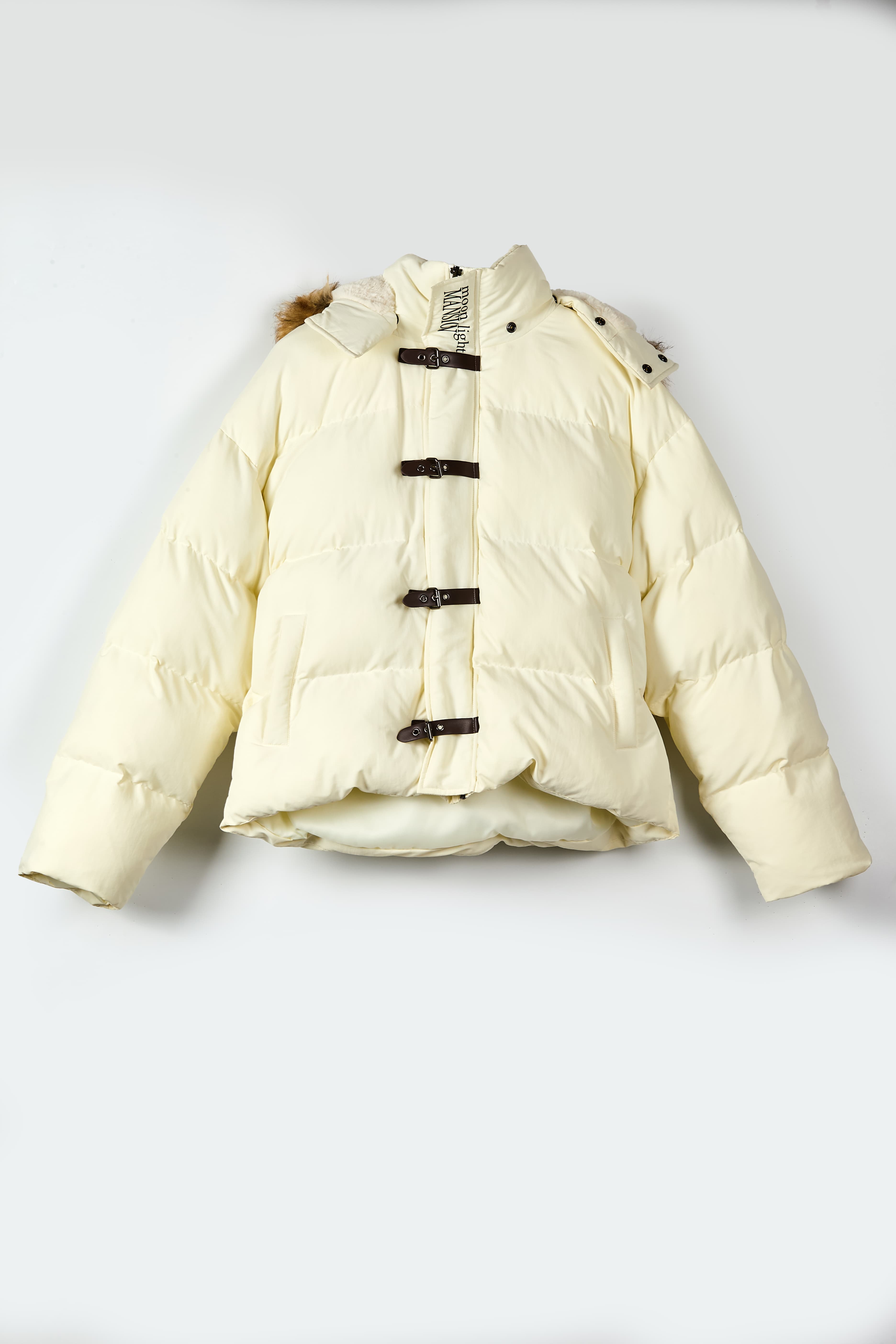 Cream White Fur Hood Puffer Jacket - Retro Leather Buckle Winter Coat
